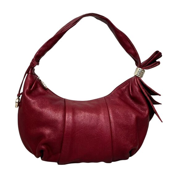 Brighton Burgundy Red Pebbled Leather Bow Shoulder Bag Silver Heart Charm Purse - Picture 7 of 12